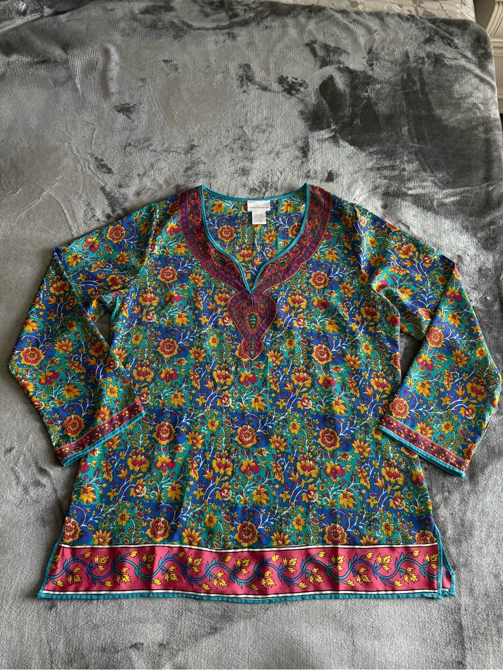 Soft Surroundings Split Neck Floral Tunic Top Size L Lightweight Resort Relaxed - Picture 3 of 11